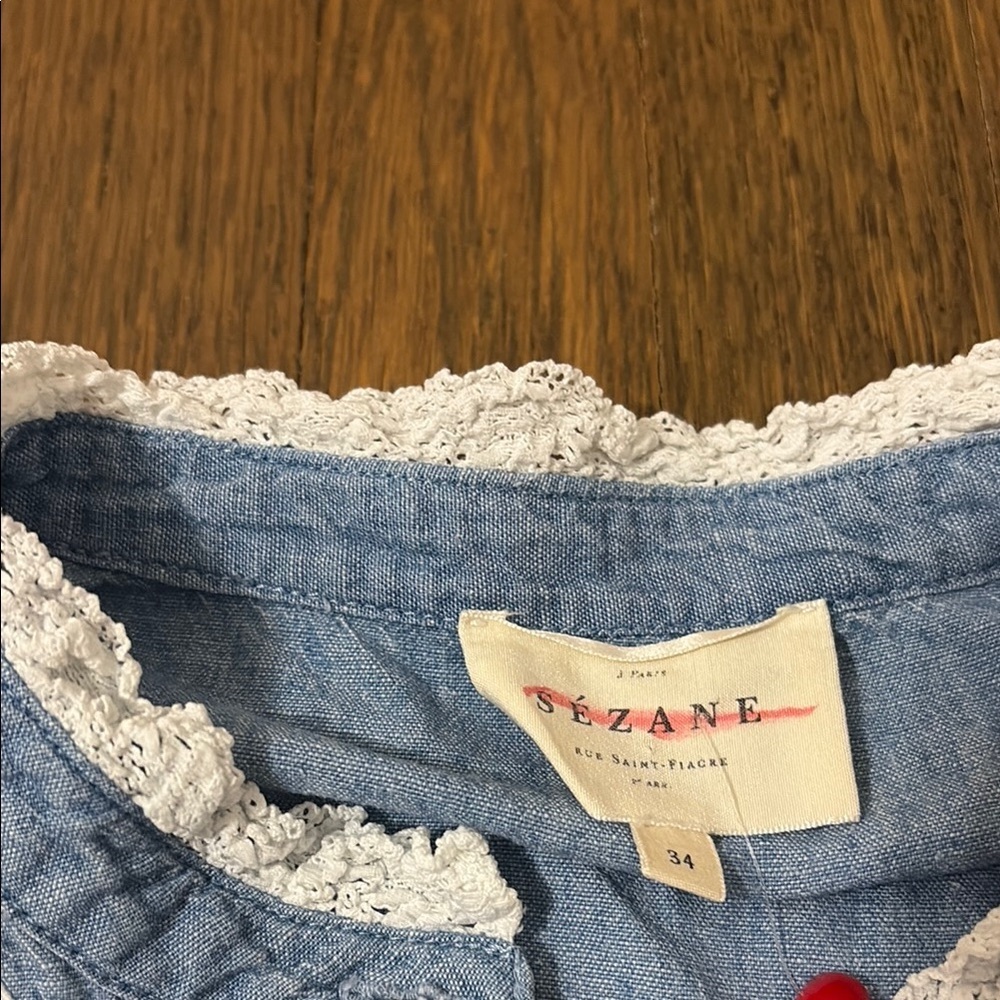 Sezane Laure Shirt Chambray Ruffle Top size 34 - Picture 2 of 5